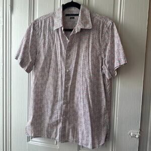 Perry Ellis Shirt Mens Red White Blue Zigzag Slim Fit Button Up Short Sleeve